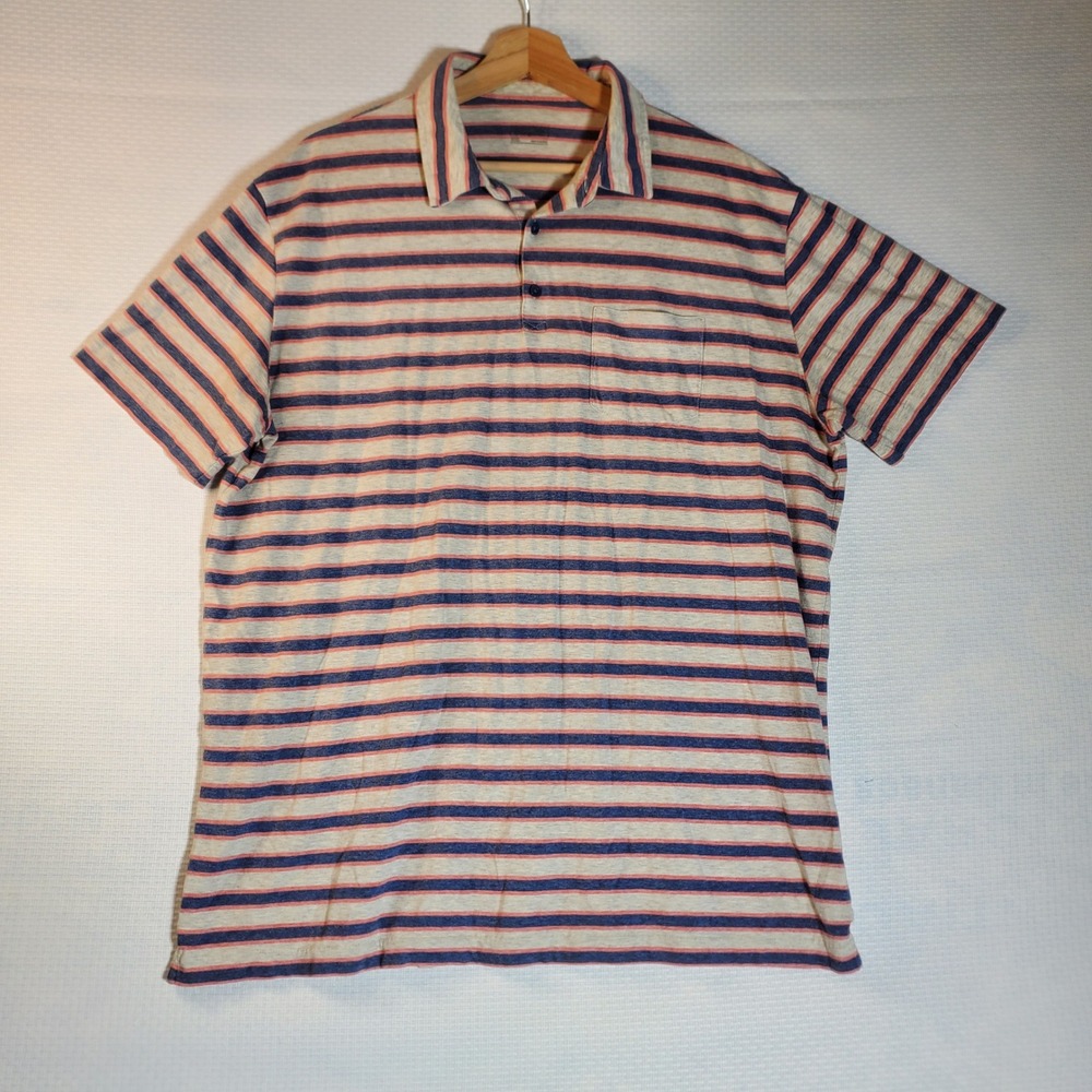 Patagonia Mens XXL Organic Cotton Striped Short Sleeve Polo Shirt Blue Pink Gray